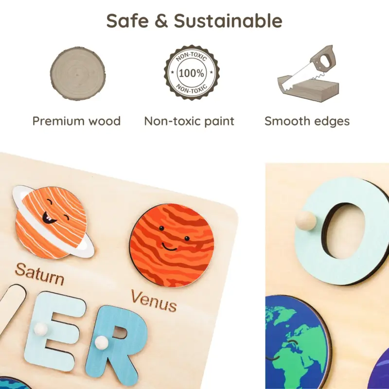 planet theme wooden montessori name puzzle safe sustainable