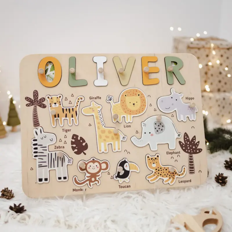 safari nursery theme wooden montessori name puzzle