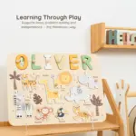 safari nursery theme wooden montessori name puzzle learning through play