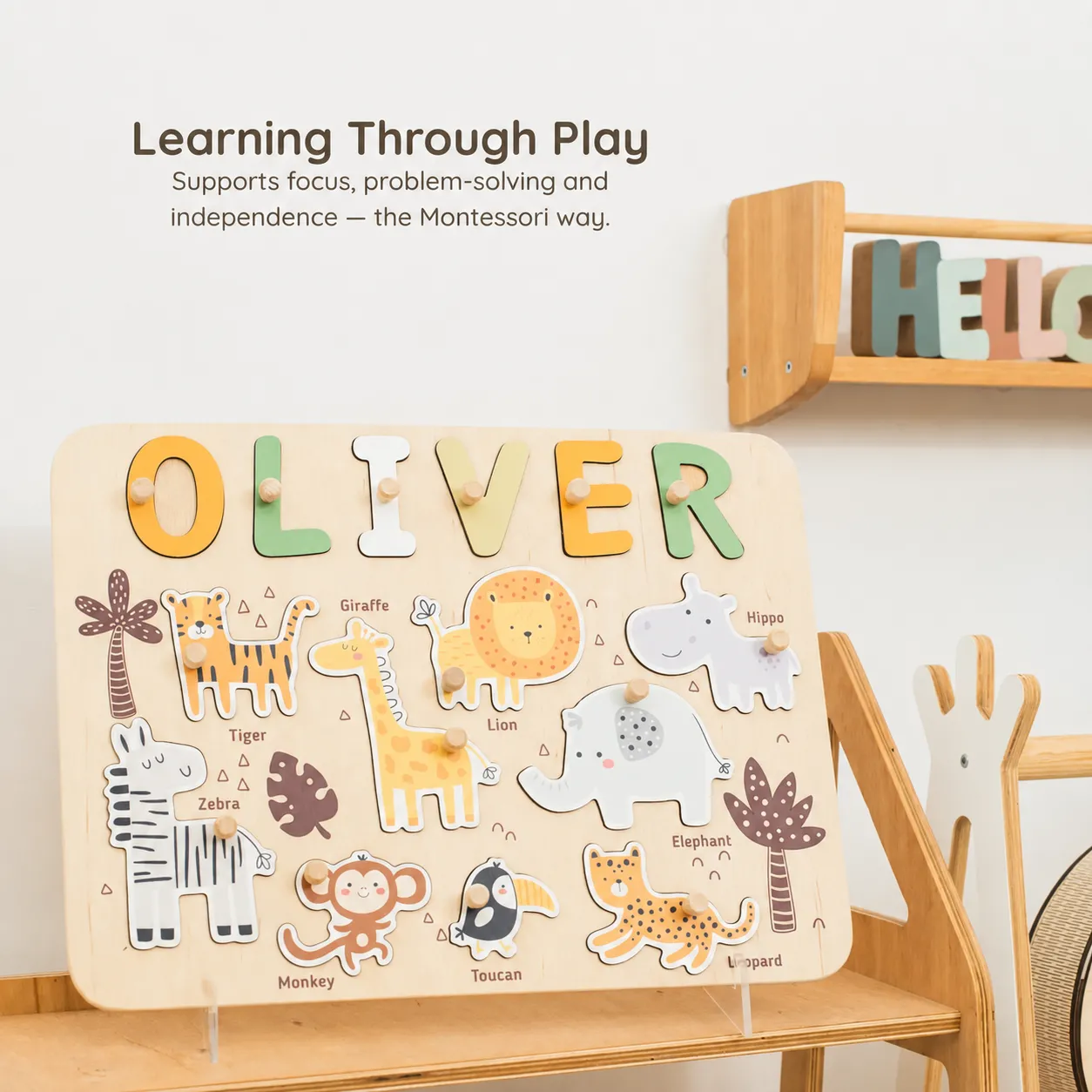 safari nursery theme wooden montessori name puzzle learning through play final