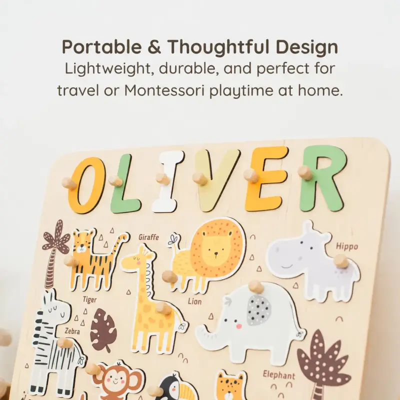 safari nursery theme wooden montessori name puzzle portable thoughtful design final