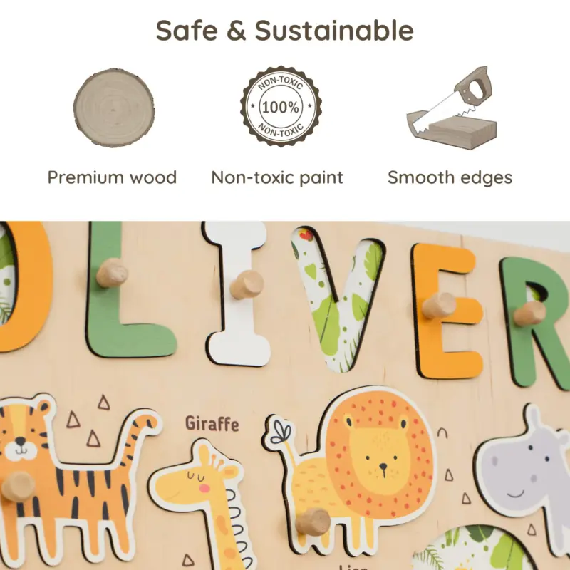 safari nursery theme wooden montessori name puzzle safe sustainable