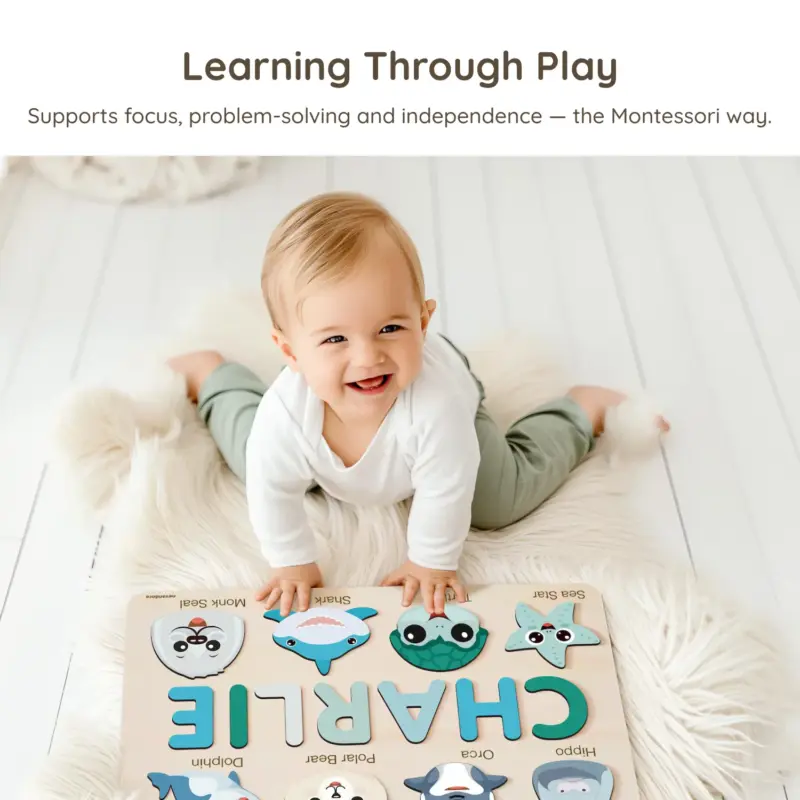 sea creatures wooden montessori name puzzle learning through play