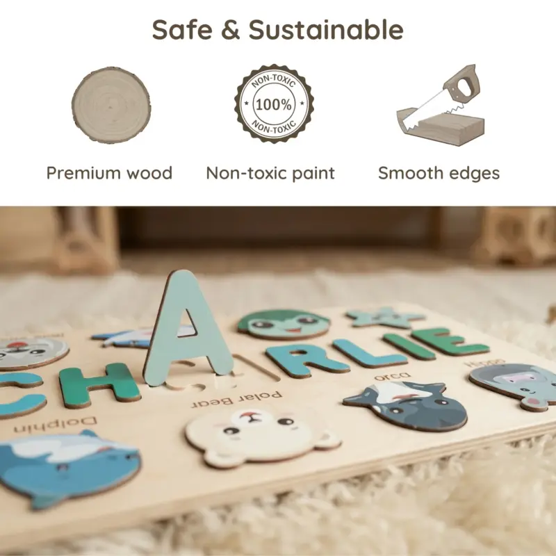 sea creatures wooden montessori name puzzle safe sustainable