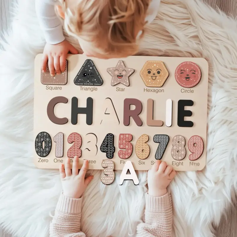 shapes numbers wooden montessori name puzzle