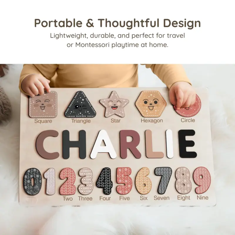 shapes numbers wooden montessori name puzzle portable thoughtful design