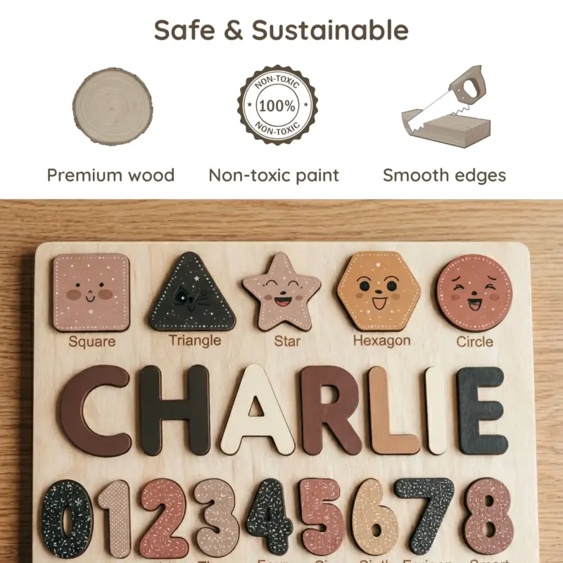 shapes numbers wooden montessori name puzzle safe sustainable