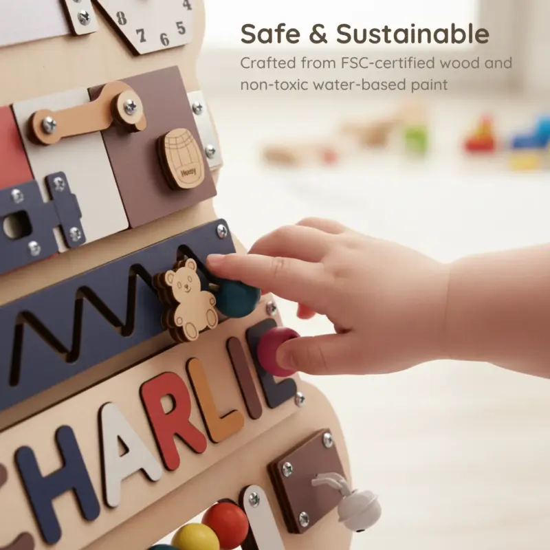 teddy bear theme wooden montessori busy board safe sustainable