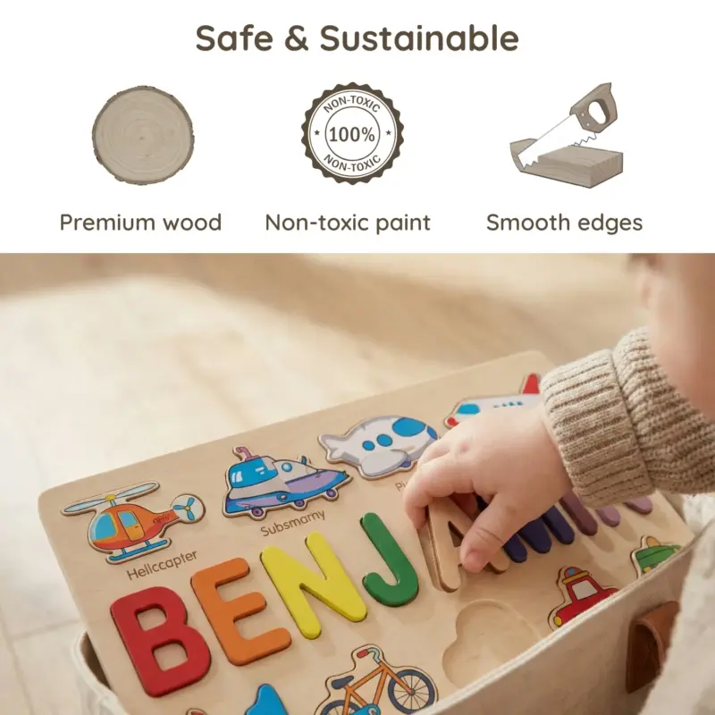 transport wooden montessori name puzzle safe sustainable