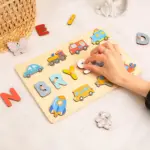 vehicle theme wooden montessori name puzzle 2