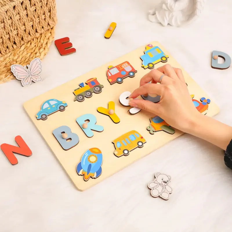 vehicle theme wooden montessori name puzzle 2