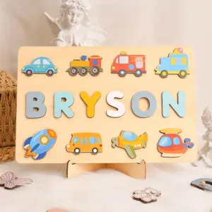 vehicle theme wooden montessori name puzzle