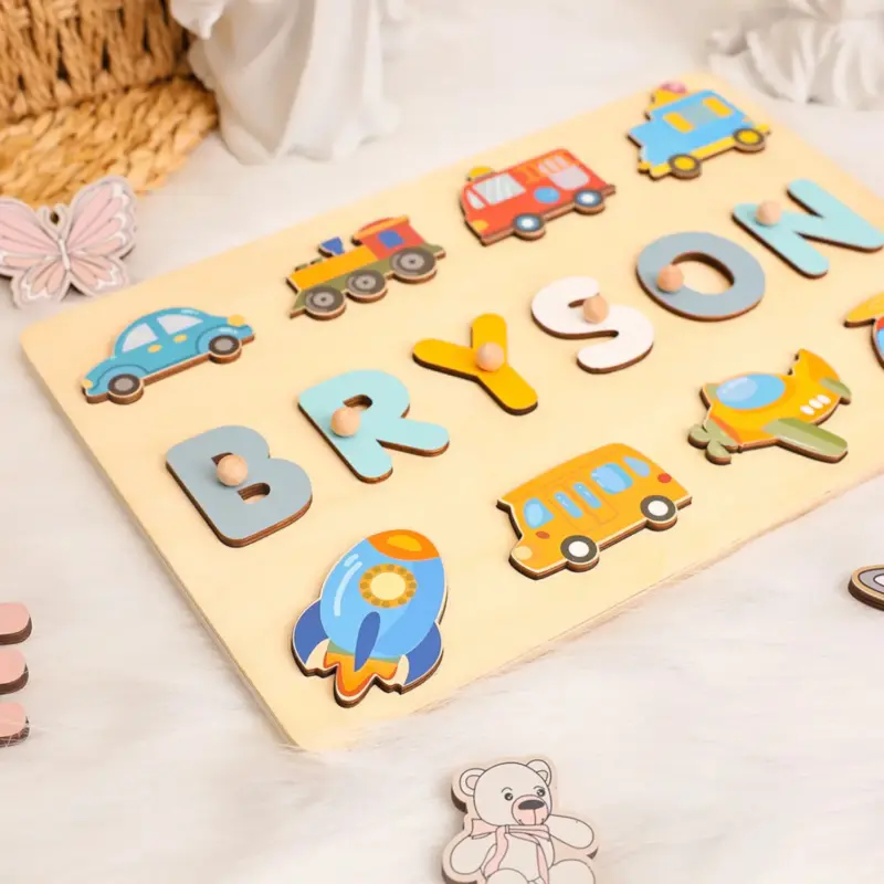 vehicle theme wooden montessori name puzzle 4