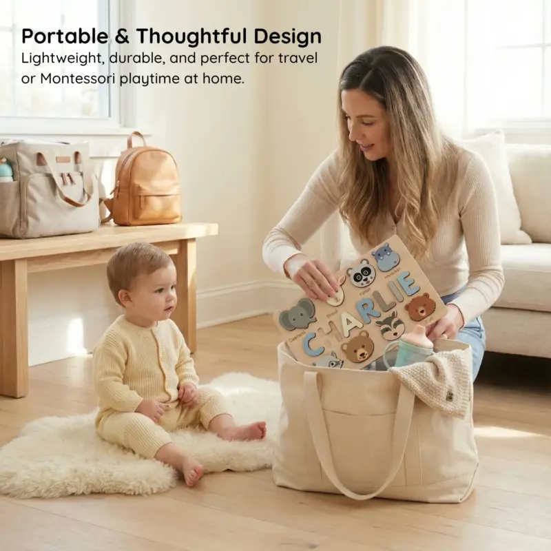 wild animals wooden montessori name puzzle portable thoughtful design