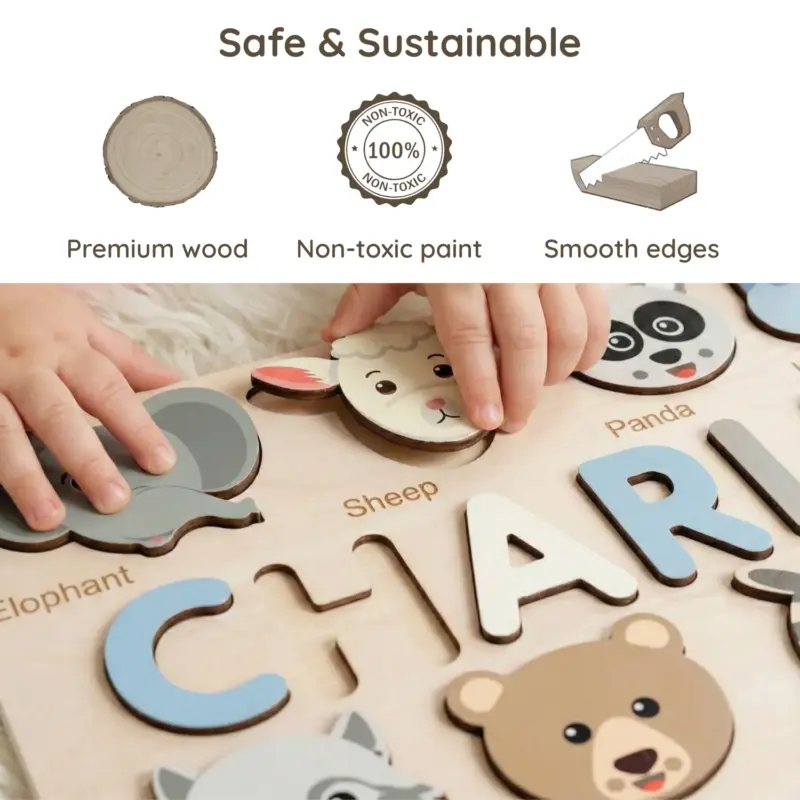 wild animals wooden montessori name puzzle safe sustainable