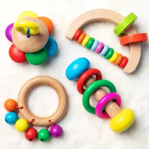 colorful wooden baby rattle set