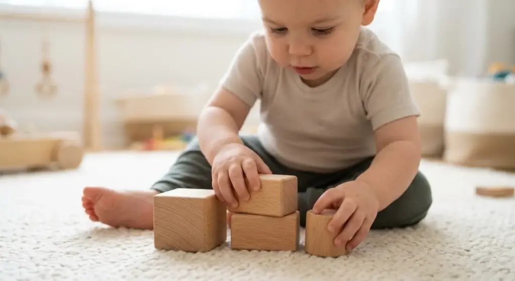 a children is playing with a wooden block