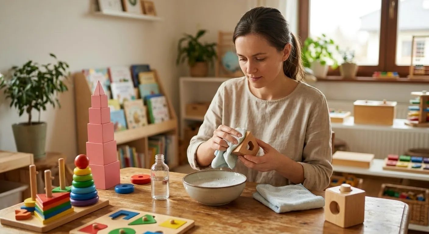 a mom is cleaning wooden montessori toys