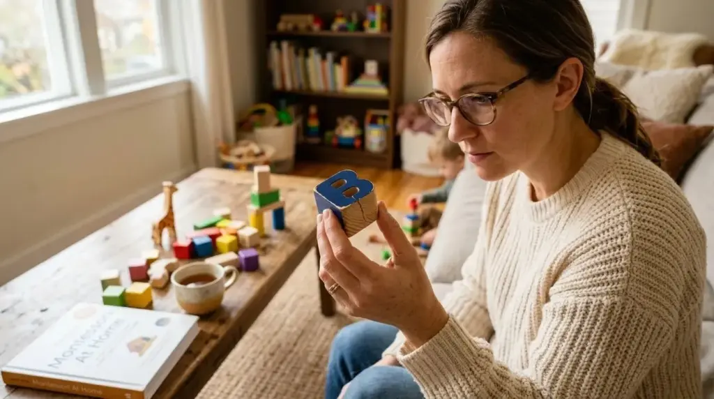 a parent is checking a wooden toy
