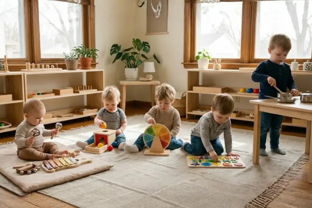 children playing with montessori toys to develop social and emotional skills