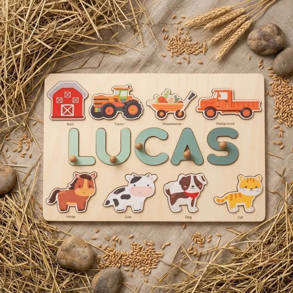 farm theme wooden montessori name puzzle 1
