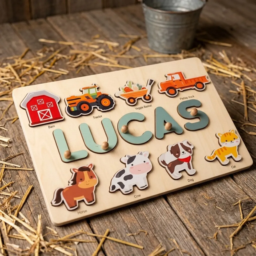 farm theme wooden montessori name puzzle 3