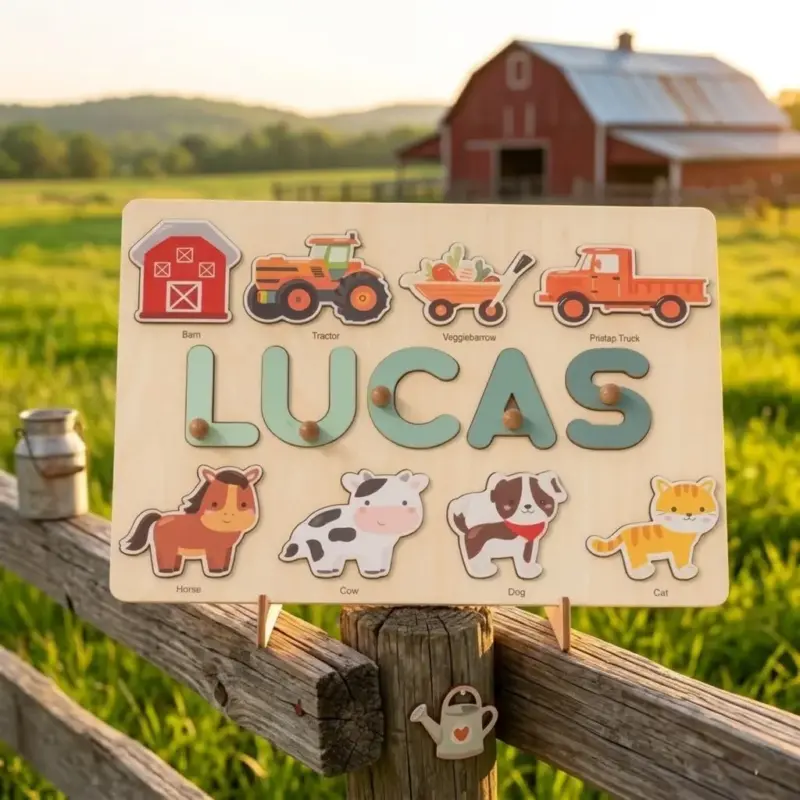 farm theme wooden montessori name puzzle