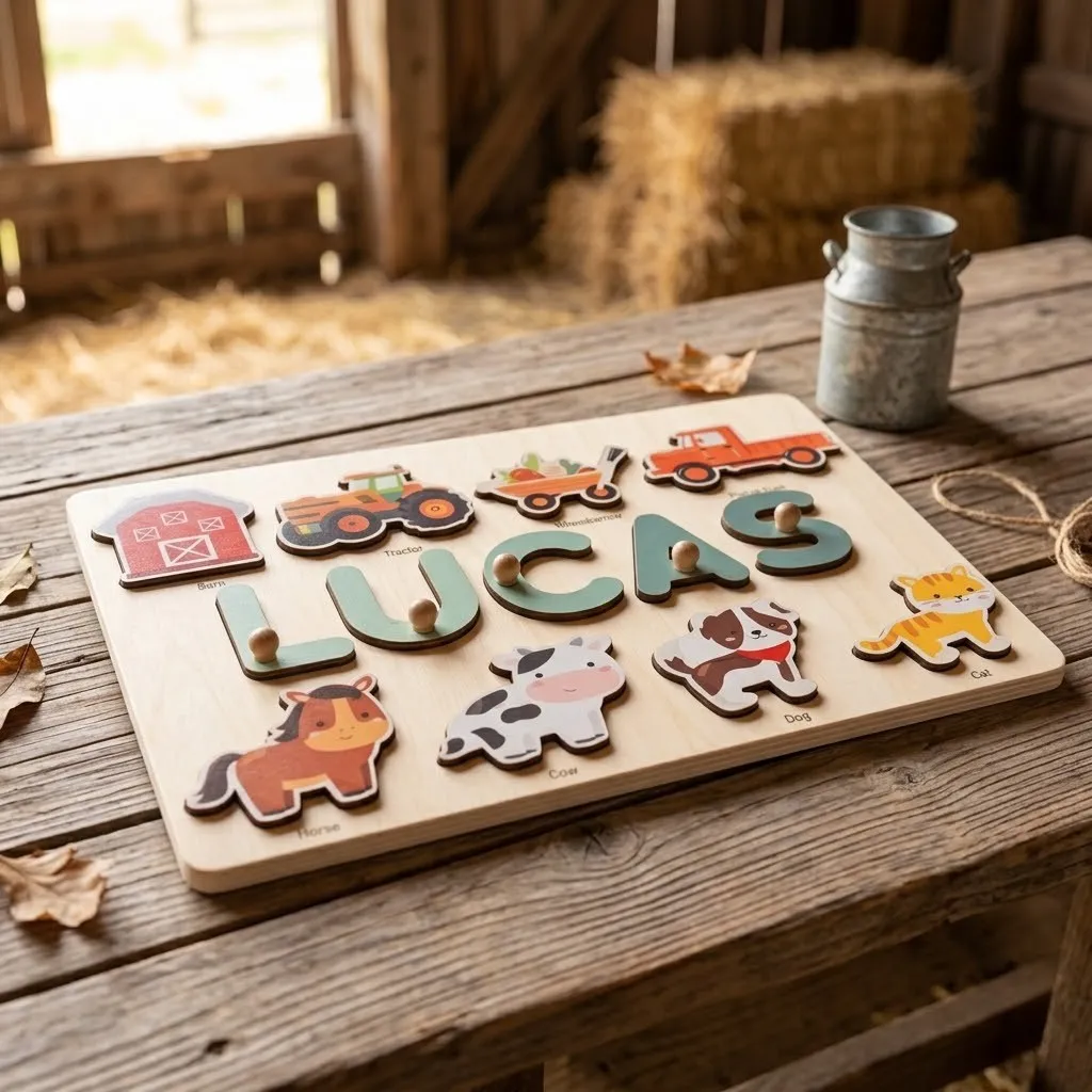 farm theme wooden montessori name puzzle two