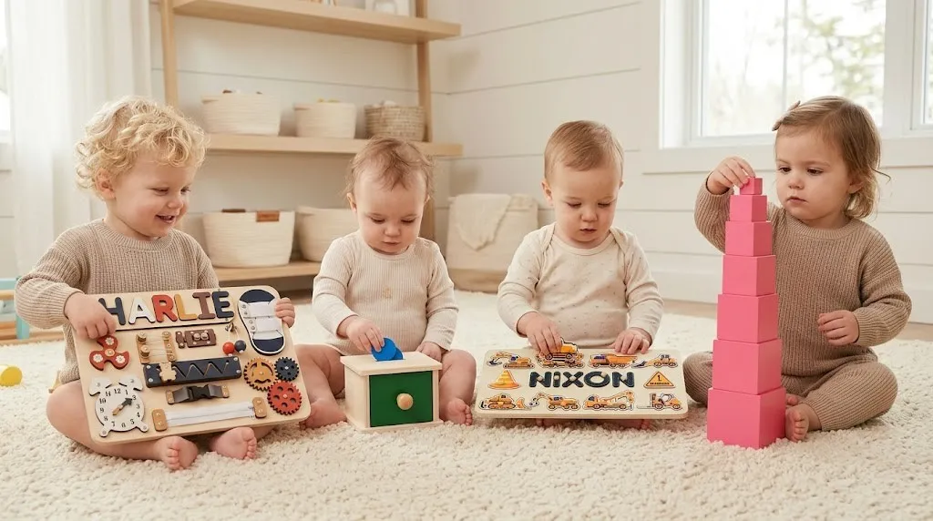 four babies playing with montessori toys