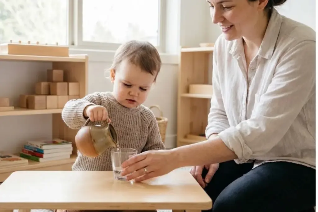 toddler practicing pouring activity to develop practical life skills