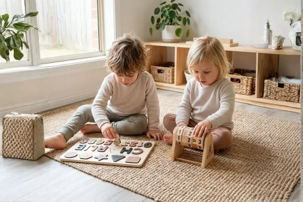 toddlers playing with montessori toys to develop early math skills