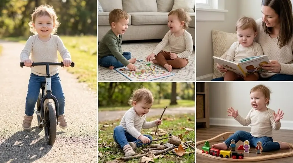 Baby exploring movement, social play, reading, nature, and imaginative play