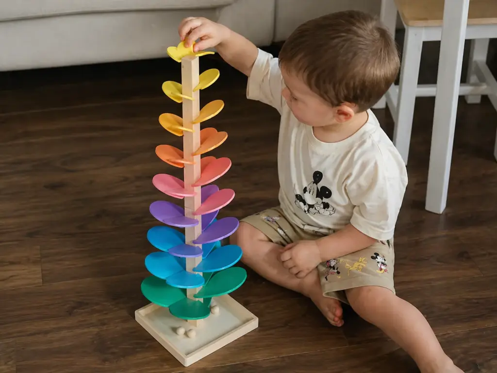 Baby playing with a wooden ball drop toy