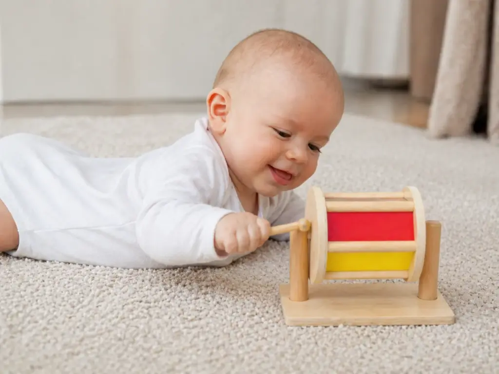 Baby playing with a wooden spinning drum toy