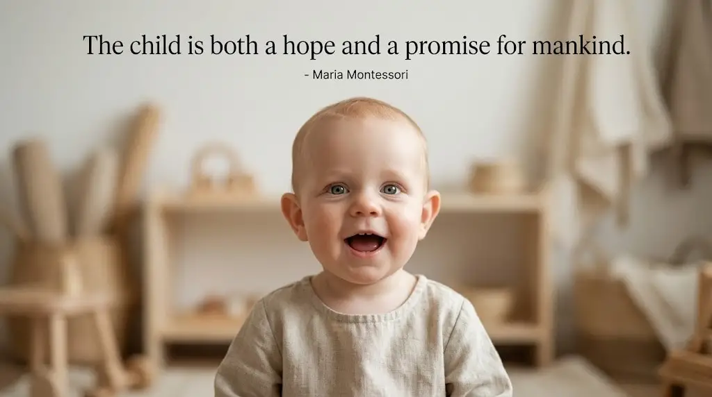 Smiling baby in a Montessori inspired room reflecting Montessori philosophy