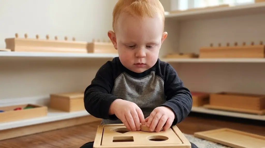 Toddler focused on a wooden shape sorting activity