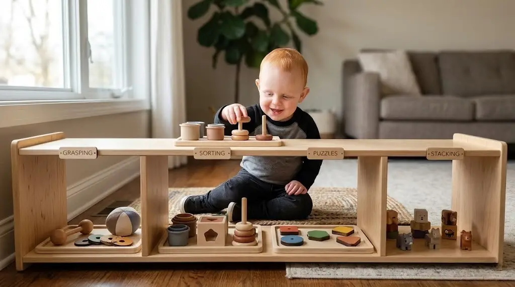 Toddler playing with wooden Montessori toys on a low shelf