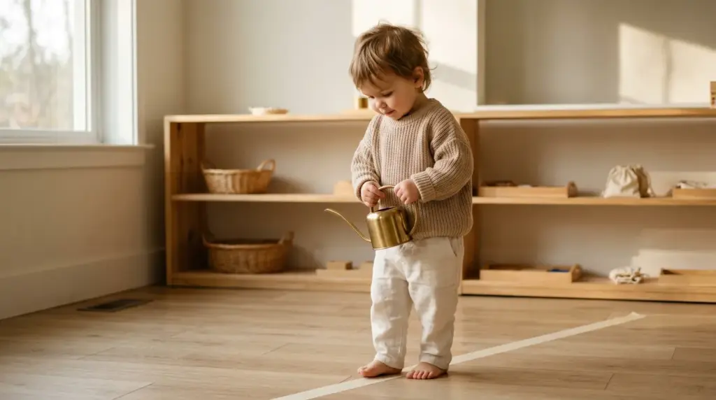 a child carrying a montessori watering can