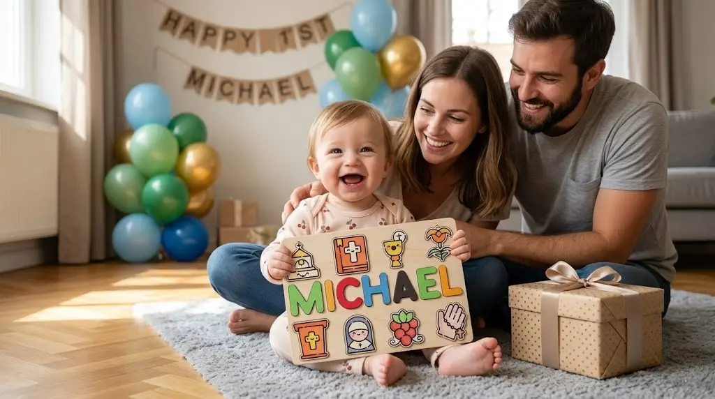 parents give their baby a name puzzle for her 1st birthday