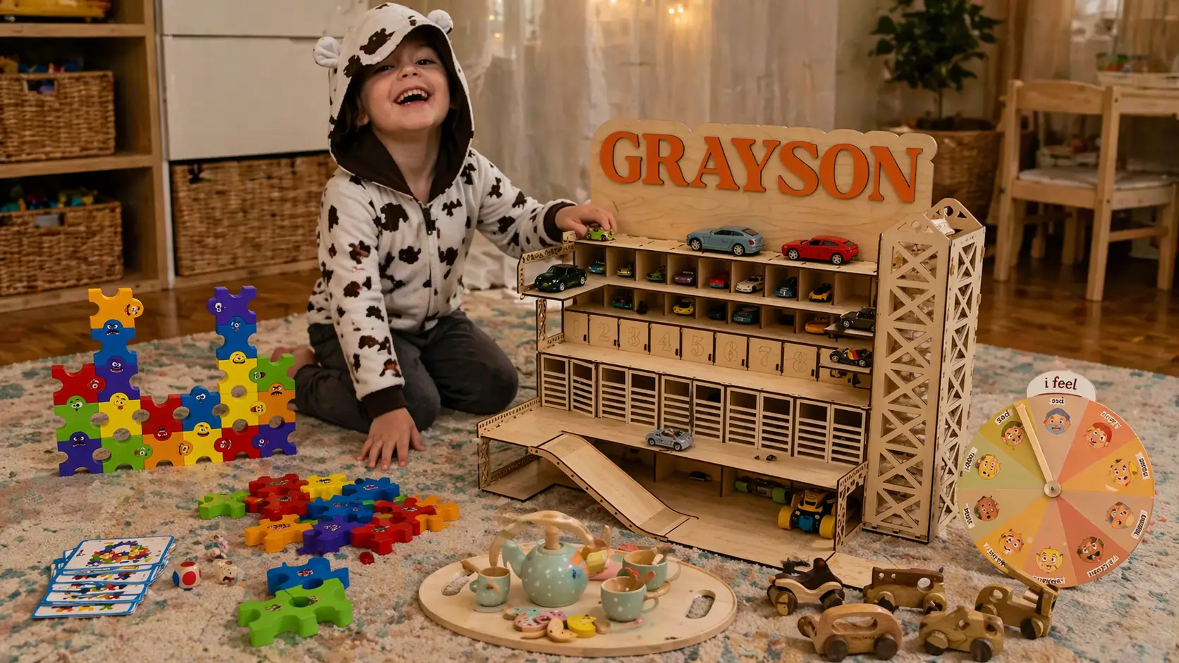 preschooler 5 yo playing with Montessori toys