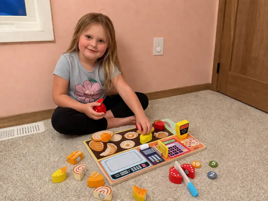 preschooler playing with cake and fruit toy