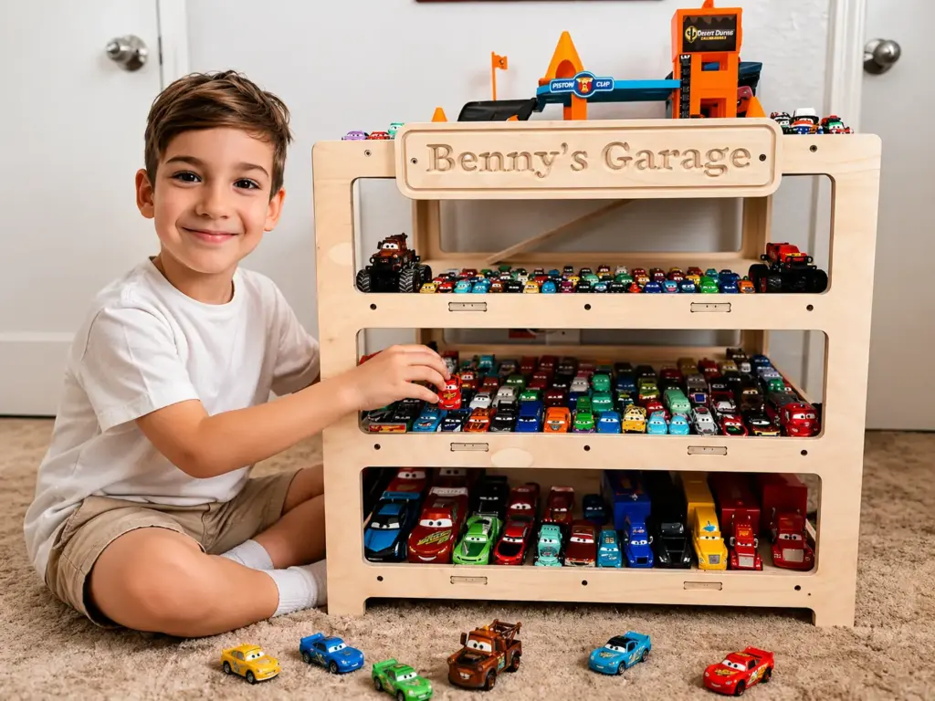 preschooler playing with garage toy car display