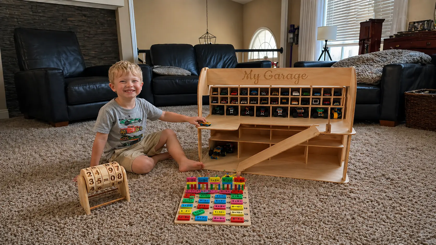 preschooler playing with wooden Montessori toys