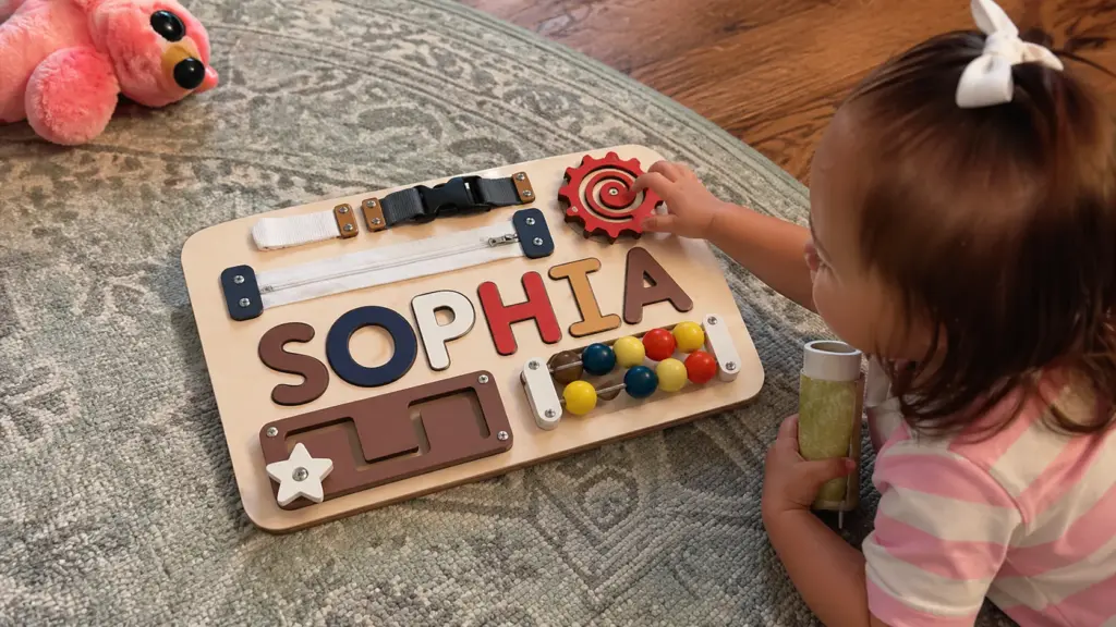 toddler playing with busy board