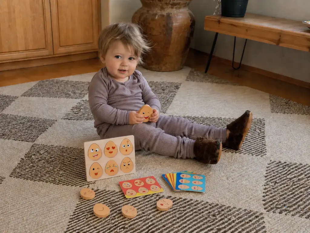 toddler playing with facial expressions eggs