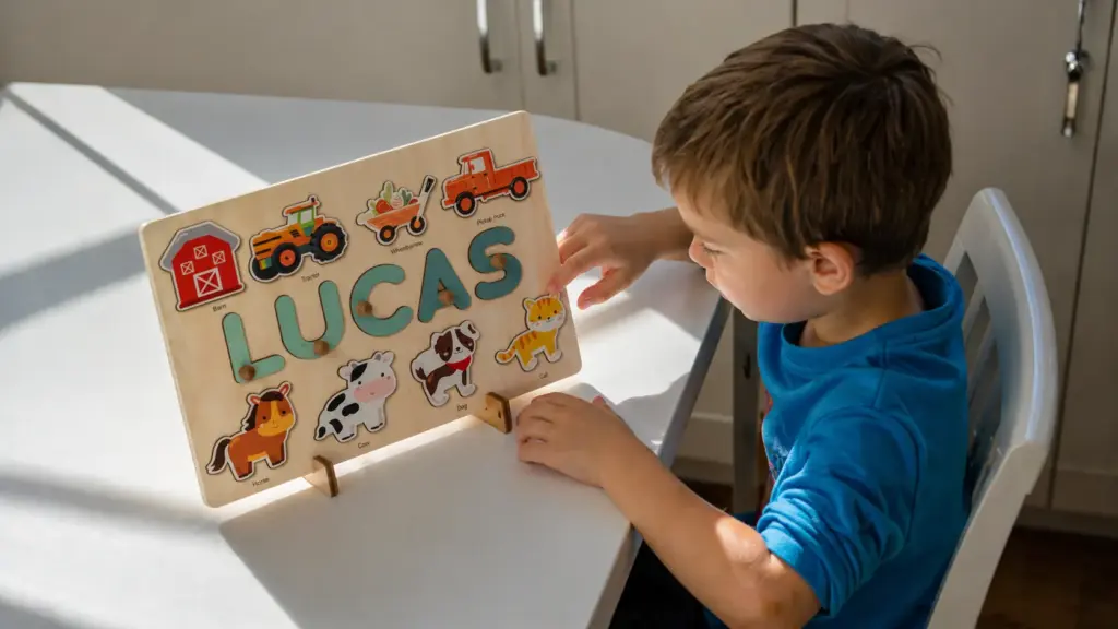 toddler playing with name puzzle