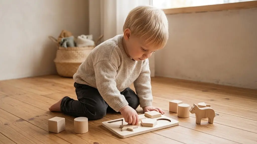 toddler playing with wooden blocks